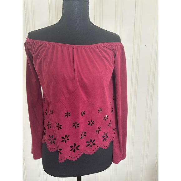 Charlotte Russe Tops - Charlotte Russe S Burgundy Y2K Faux Suede Off Shoulder Boho Peasant FloralTop